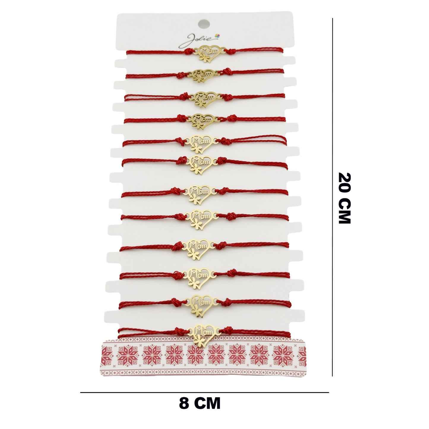 Bratara Martisor pentru Dama, Jolie, Model Inima Mama si Trifoi, Set 12 bucati, Pandativ din Inox Auriu, Snur Ajustabil Impletit, Rosu