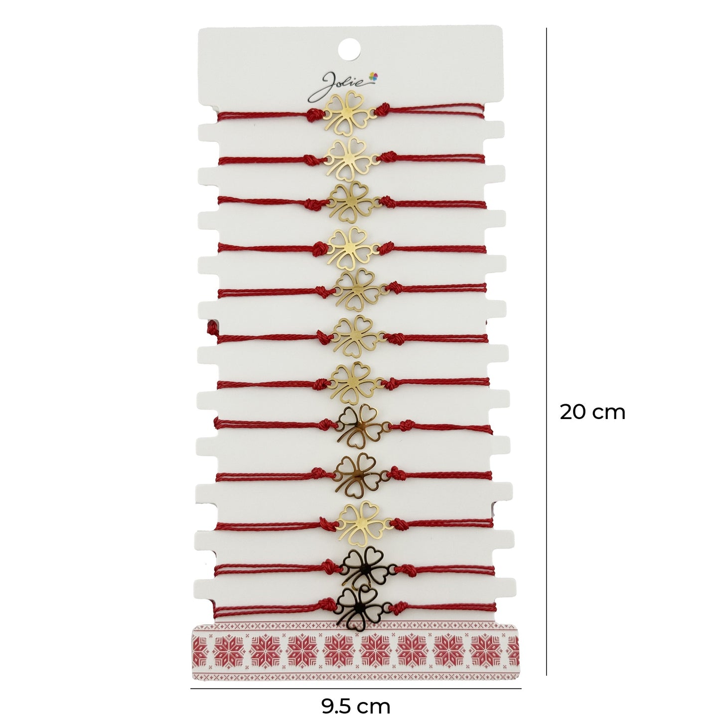 Bratara Martisor pentru Dama, Jolie, Model Trifoi in Contur, Set 12 bucati, Pandativ Auriu din Inox cu Snur Rosu Ajustabil