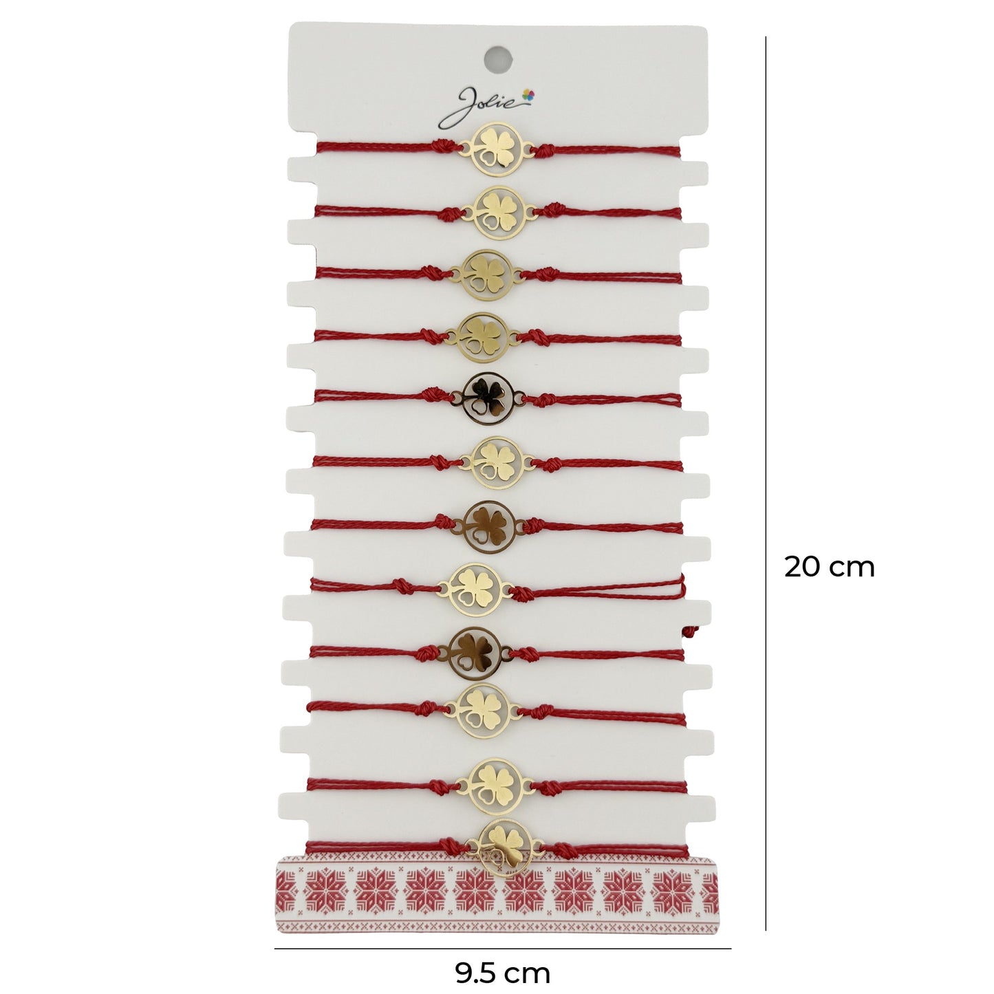 Bratara Martisor pentru Dama, Jolie, Model Trifoi cu Inima pe Petala, Set 12 bucati, Pandativ Auriu din Inox cu Snur Rosu Ajustabil