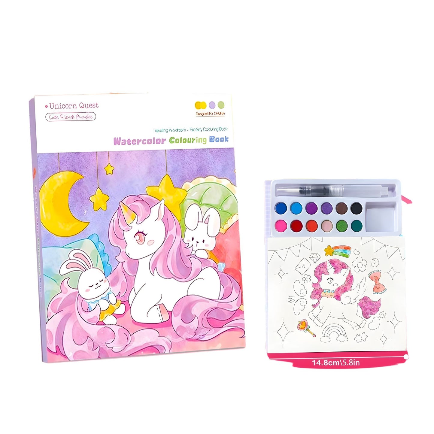 Carte de Colorat cu Acuarela, Klevo, Model Unicorn, 20 Foi de Carton 200 gr, 12 Culori, 1 Pensula, 15.7 x 18.8 x 1.8 cm, Mov