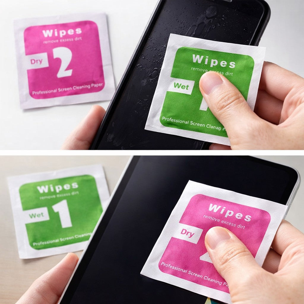 Set 300 Servetele Curatare Ecran, Klevo, Umed Cu Alcool si Uscat, 4 x 4 cm, Pentru Telefon si Tableta, Multicolor