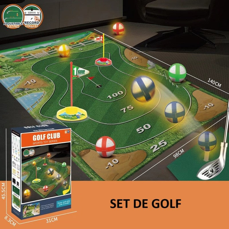 Set de Golf, Klevo, Interactiune Parinte-Copil, Covor de Golf, 140 x 98 cm, 4 Mingii cu Scai, 3 Crose Reglabile, Model B, +3 Ani, Multicolor