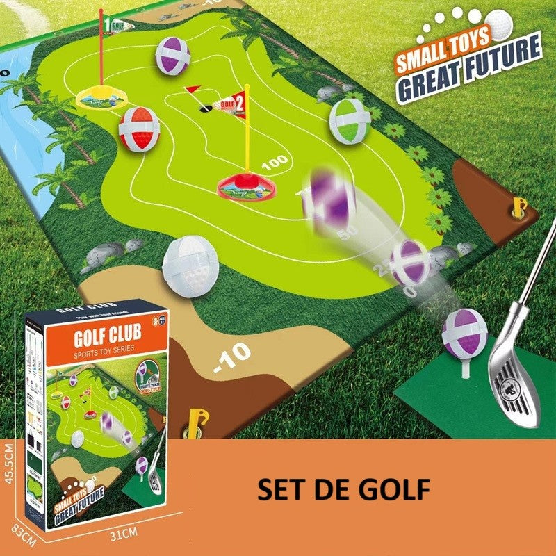 Set de Golf, Klevo, Interactiune Parinte-Copil, Covor de Golf, 140 x 98 cm, 4 Mingii cu Scai, 3 Crose Reglabile, Model C, +3 Ani, Multicolor