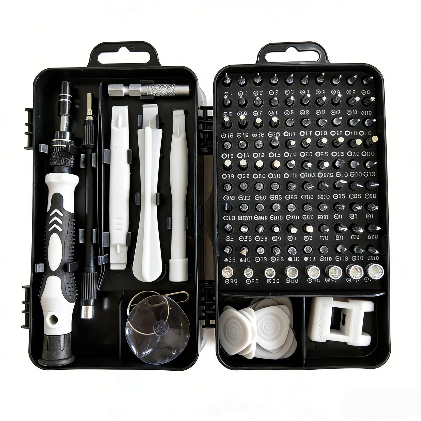 Surubelnite pentru Reparea Telefoanelor, Klevo, Set 115-in-1 Cromate, Demontarea Repararea Ceasurilor, Electronicelor Mici, Maner detalii Albe, 18 x 11 x 6 cm, Negru