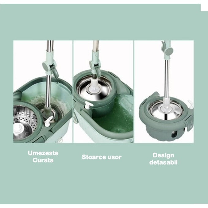 Set mop rotativ cu galeata Klevo, material plastic si microfibra, o rezerva inclusa, rezistent, cu dop scurgere, vas detasabil, orificiu pentru solutie, pentru interior, capacitate 8 l, verde