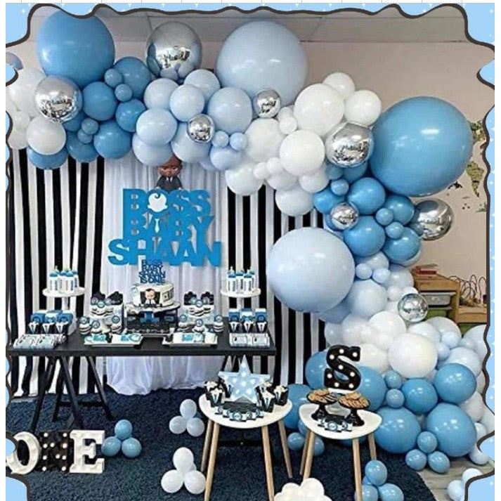 Baloane decorative Arcada, pentru Baieti, BABY SHOWER, Klevo, Arcada Baby BOSS, Set din 154 baloane, Model Petrecere, Baloane Party, 12 cm, 30 cm, 45 cm, Albastru, Bleu, Alb, Argitiu