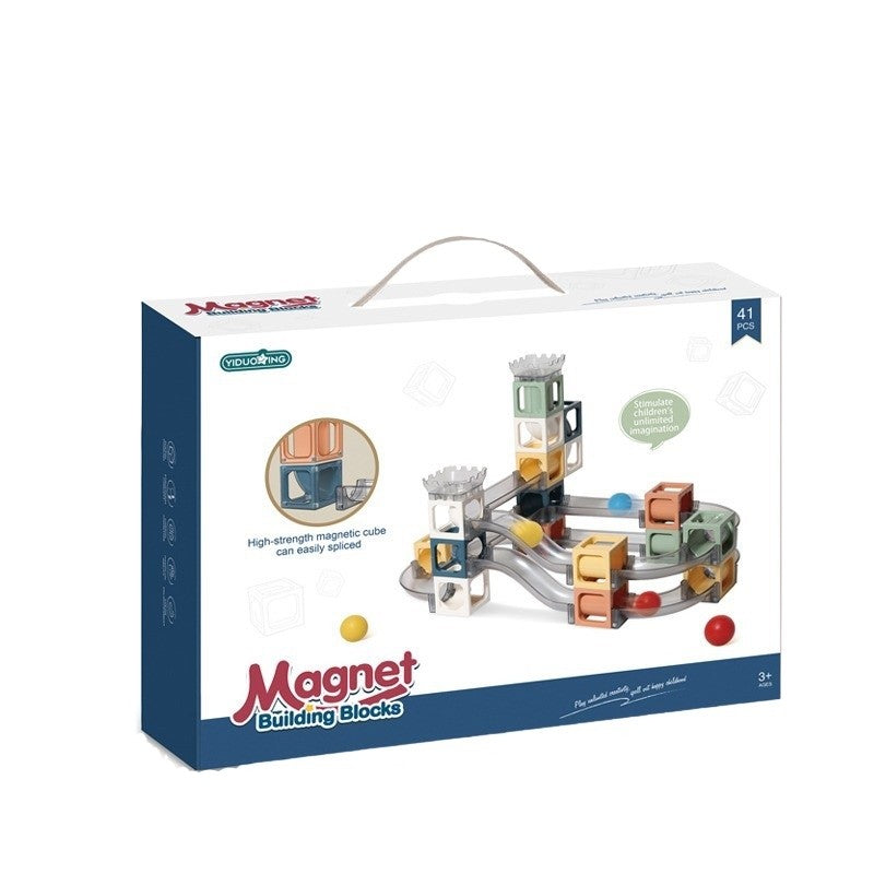 Set piese magnetice de constructie, Klevo, Cu tobogane si bile, 41 piese, Multicolor