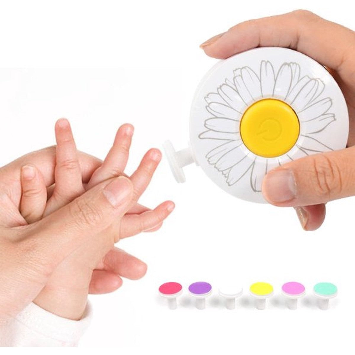 Set Pila Electrica pentru Copii si Bebelusi, Klevo, ABS, Incarcare USB, Model cu Flori, 6 Accesorii, cu Lumina LED, Alb