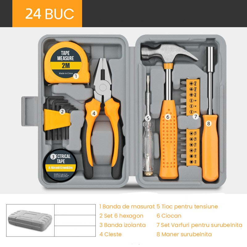 Set Scule 24 piese pentru Uz Casnic, Klevo, Instrumente Set in Trusa de Plastic Gri, din Plastic si Metal, 20 x 12.5 x 3 cm, Galben