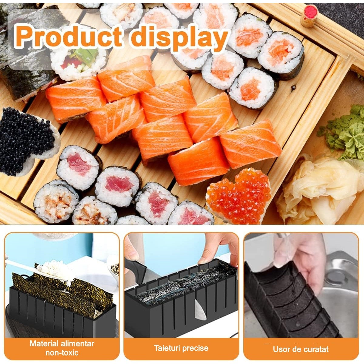 Set ustensile pentru facut sushi Klevo, 10 piese, forma inima inclus, 3 forme clasice, extensibil, finisaj lucios, material ABS, curatare usoara, negru