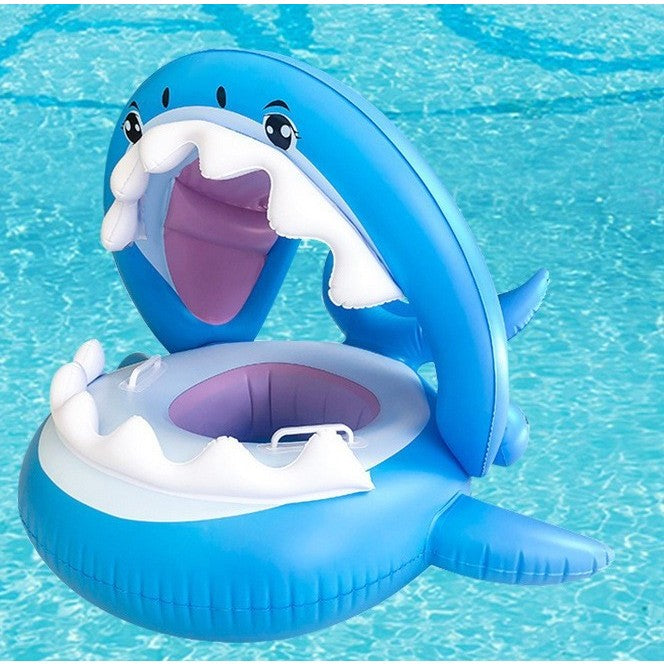 Colac de inot gonflabil pentru copii, Albastru, Model Rechin, 90 cm, Klevo