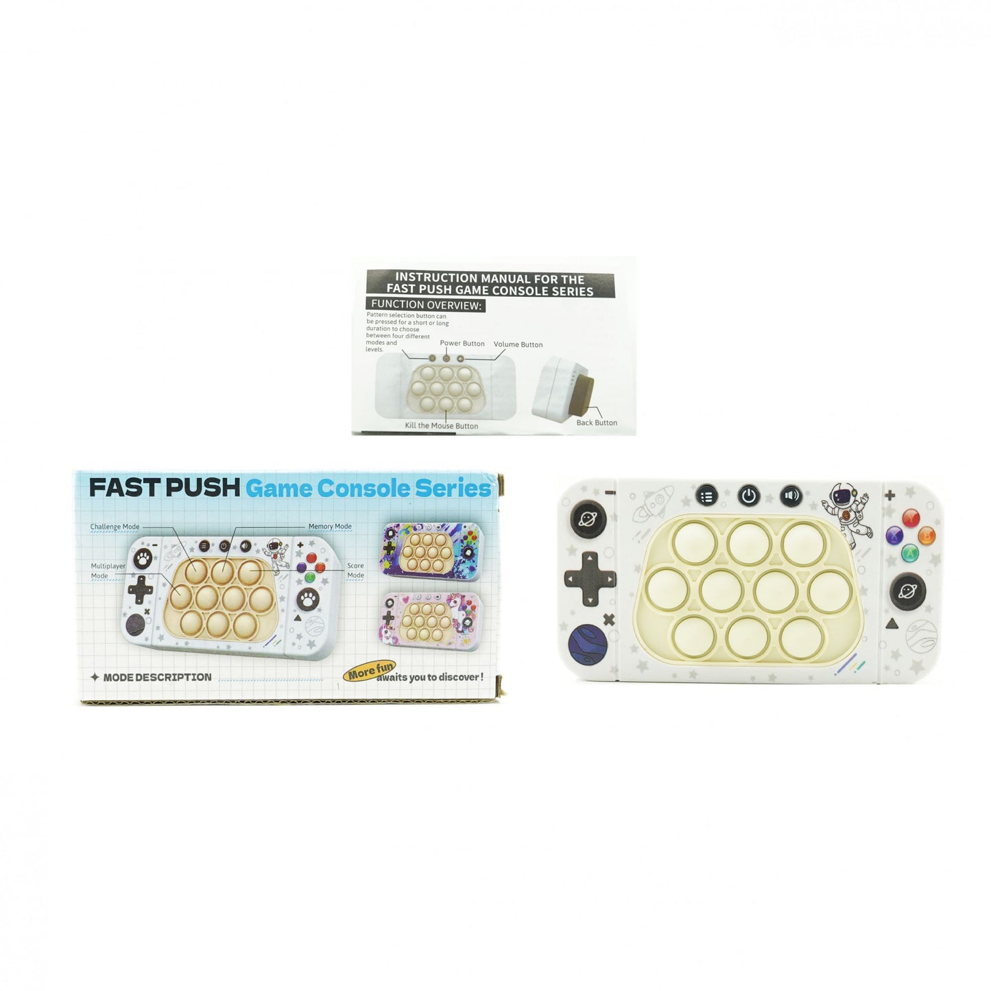Jucarie interactiva tip consola pentru copii Klevo, speed push whack-a-mole, joc de viteza pop it, material ABS/silicon, cu nivele, sunete si lumini, 15.5 x 7.6 x 5.3 cm, model astronaut, alb