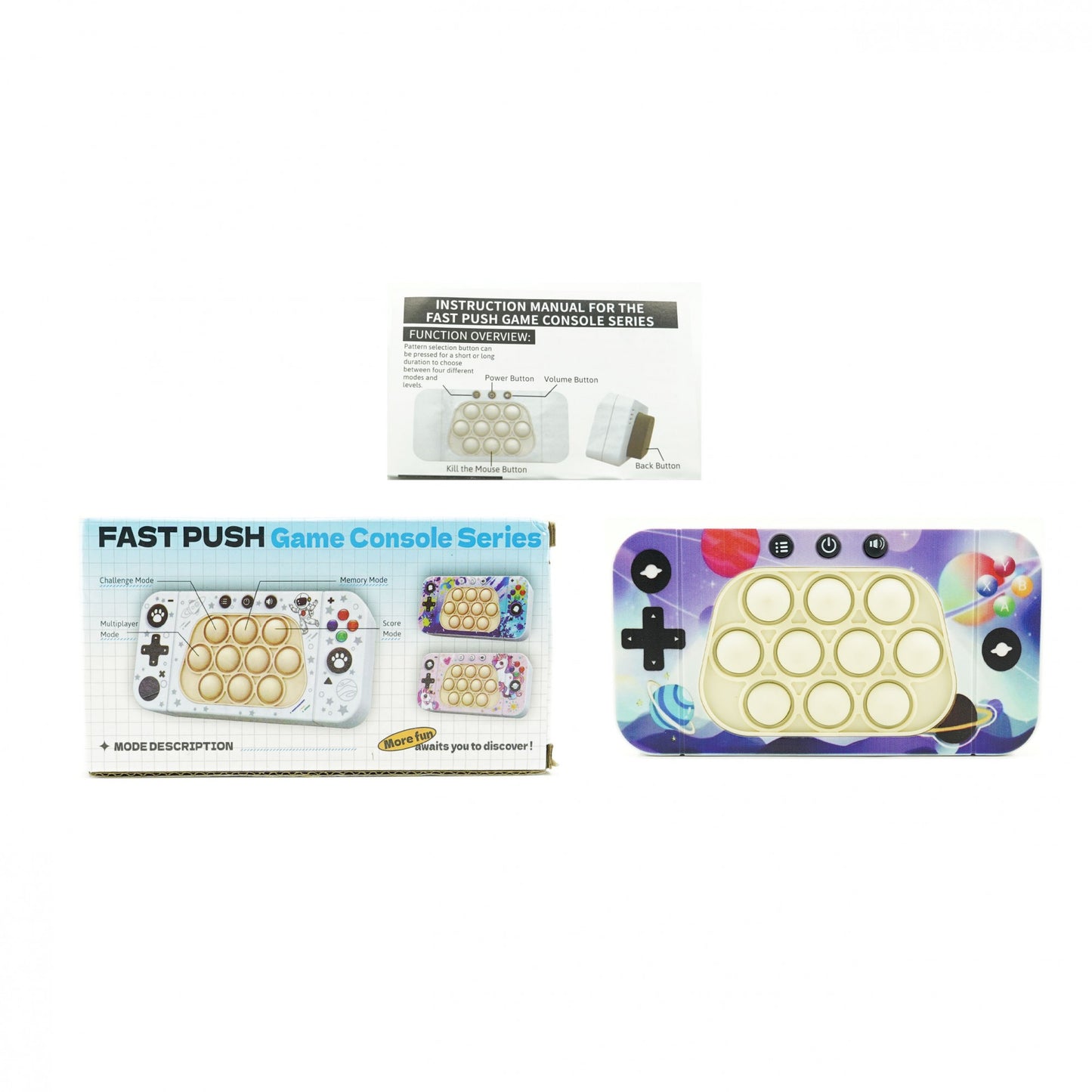 Jucarie interactiva tip consola pentru copii Klevo, speed push whack-a-mole, joc de viteza pop it, material ABS/silicon, cu nivele, sunete si lumini, 15.5 x 7.6 x 5.3 cm, model spatiu, multicolor
