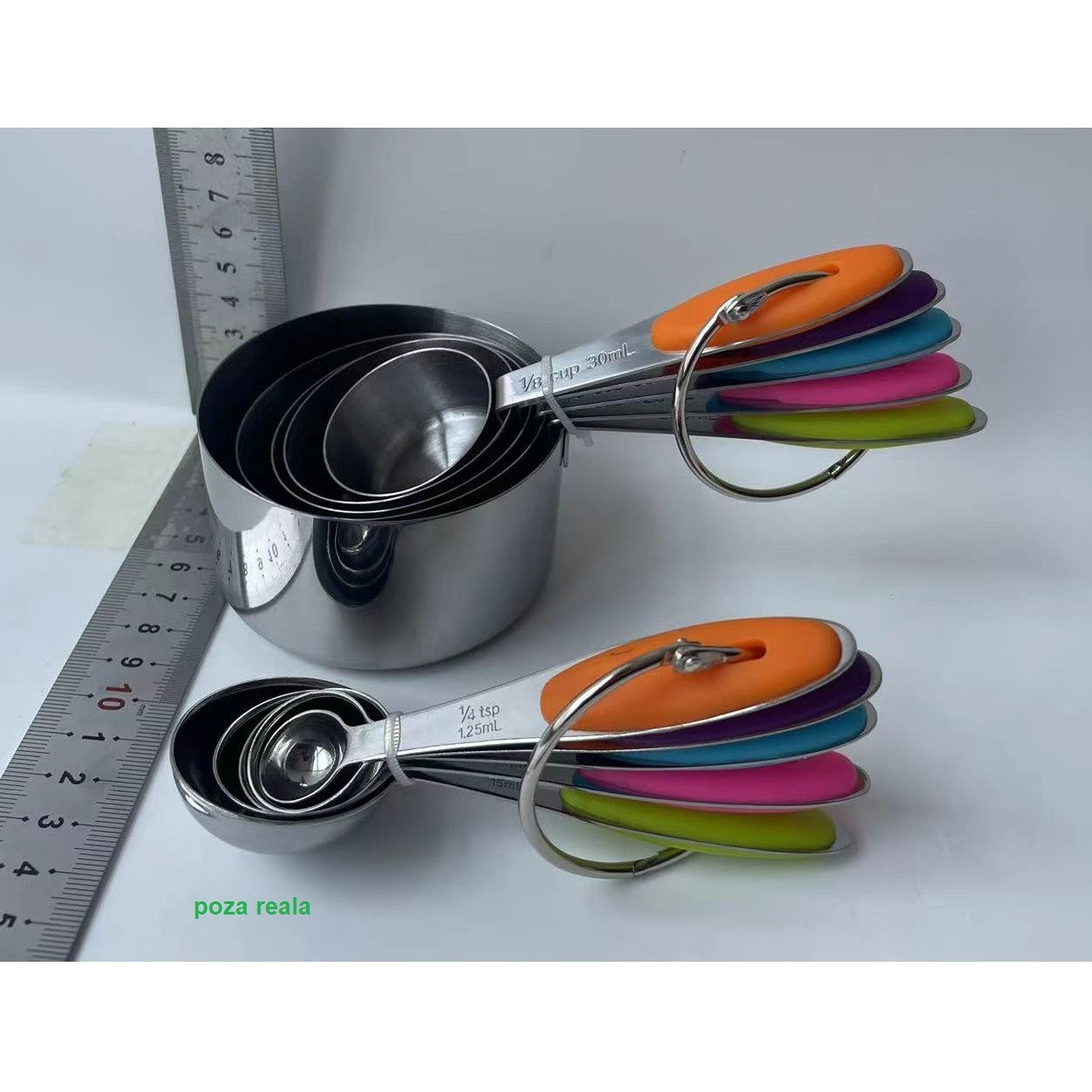 Set 10 Piese de Masurare, Klevo, 5 Linguri Gradate + 5 Cesti Gradate, Otel Inoxidabil + Silicon, 19 x 8 x 9 cm, Multicolor