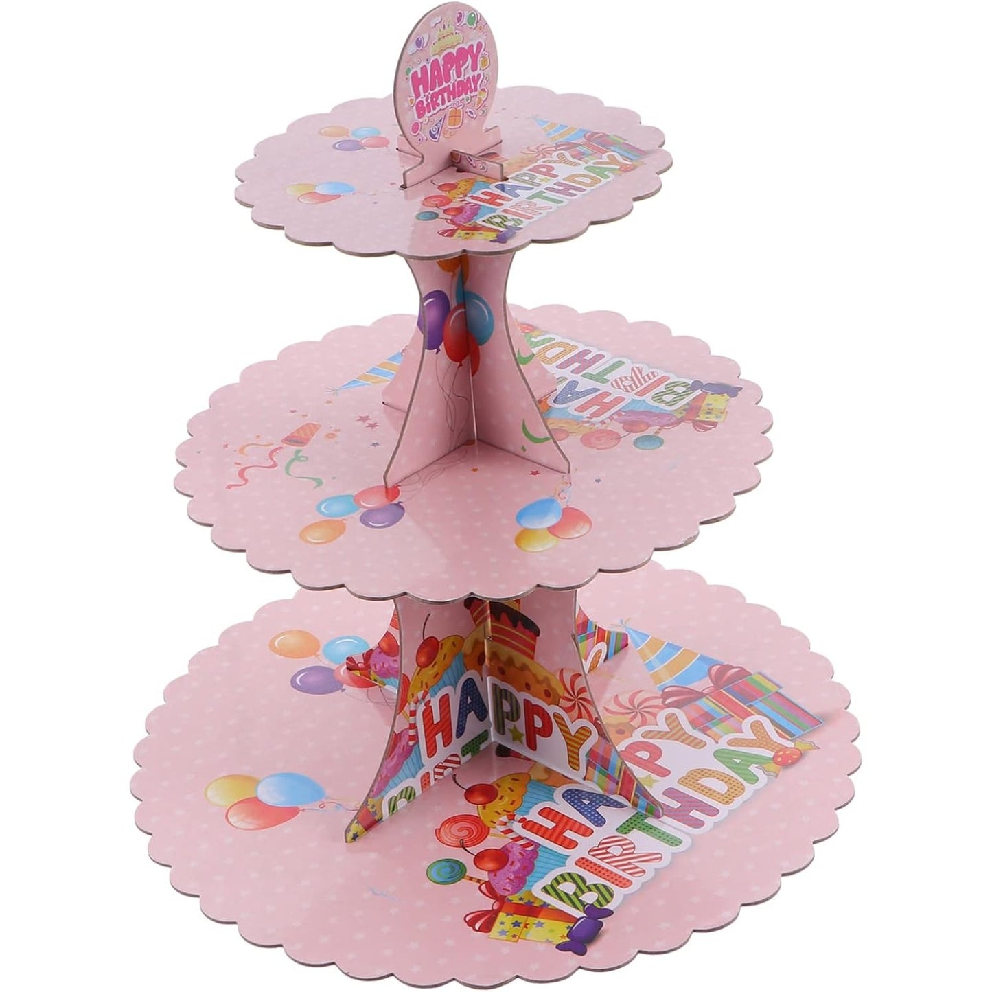 Etajera pentru Prajituri, Klevo, din Carton, 3 Nivele, 16/22/29 cm Diametru, Inaltime 38 cm, Tema Happy Birthday, Roz