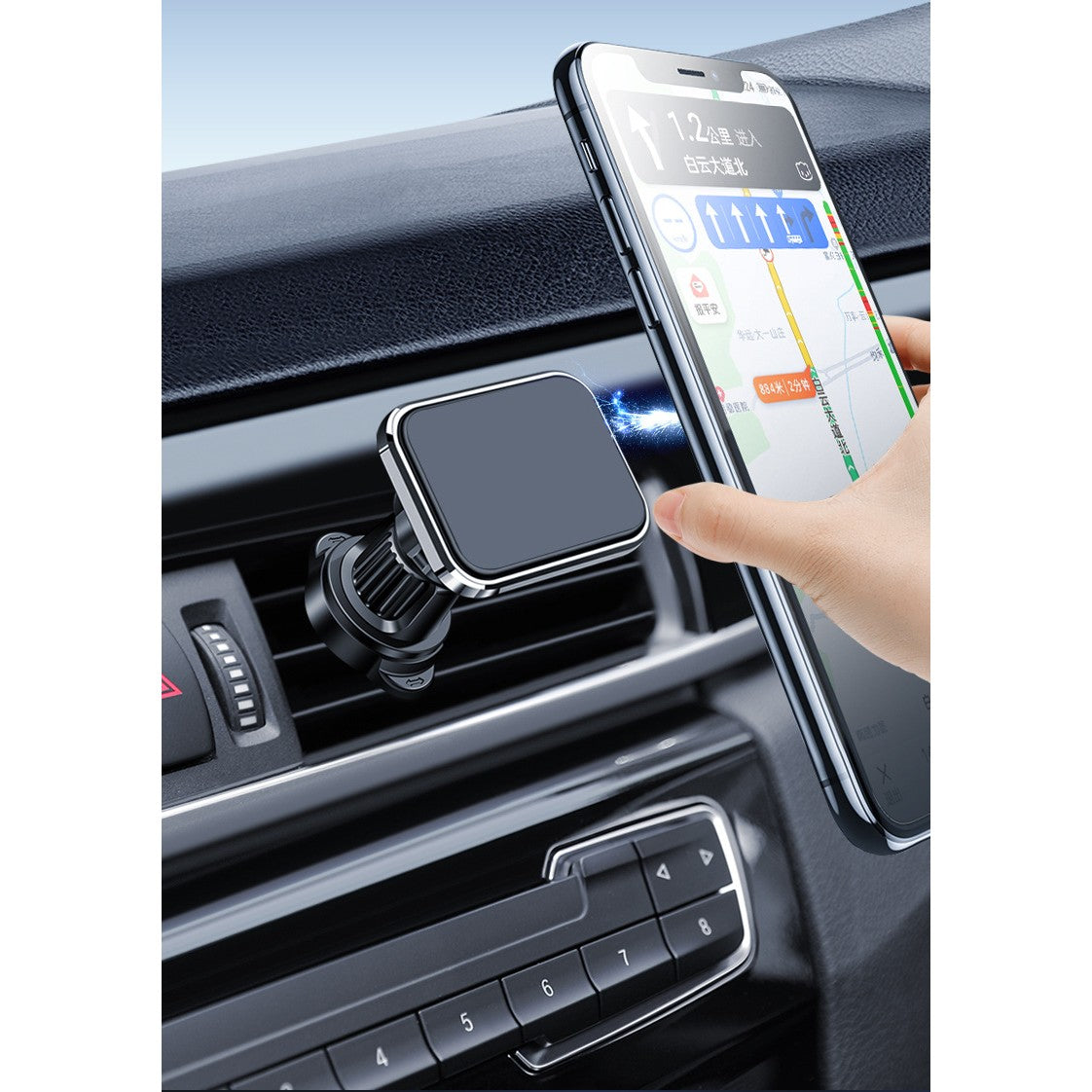 Suport Auto pentru Telefon, Klevo, MagSafe, cu Magnet, Prindere Grila de Ventilatie, Detalii Fine, Rotativ 360 de Grade, Plastic Magnet Silicon, 5.1x3.9 cm, Negru Argintiu