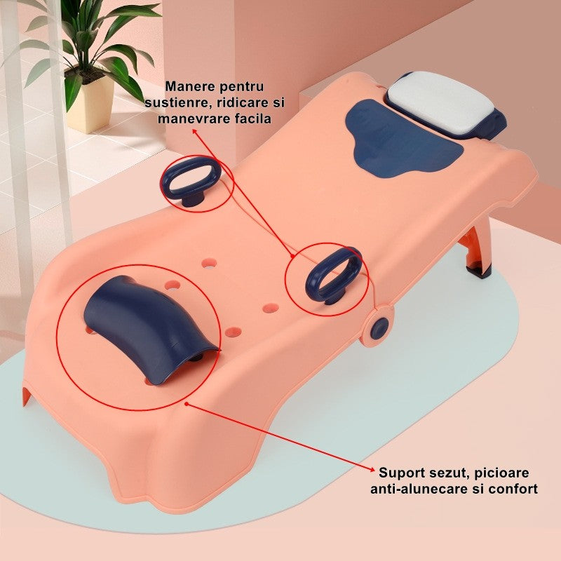 Suport Pliabil pentru Spalat Parul Klevo, Pentru Copii, 0 - 16 ani, cu Picioare Antialunecare, Material Polipropilena, Suport Cap Reglabil, cu Manere, 82 x 40 x 28 cm, Roz pal