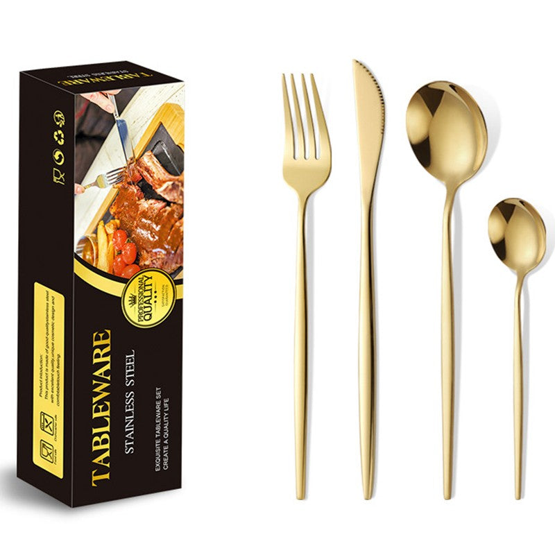 Tacamuri Portugheze, Klevo, Set din 24 de Piese din Otel Inoxidabil, 6 Cutie, 6 Furculite, 6 Linguri de Masa, 6 Linguri pentru Ceai, Auriu