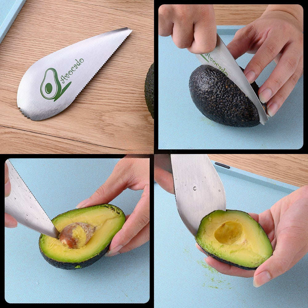 Taietor special pentru avocado Klevo, 3 in 1, forma curbata, zimti pentru apucare si taiere, din otel inoxidabil, 15 x 6 cm, gri