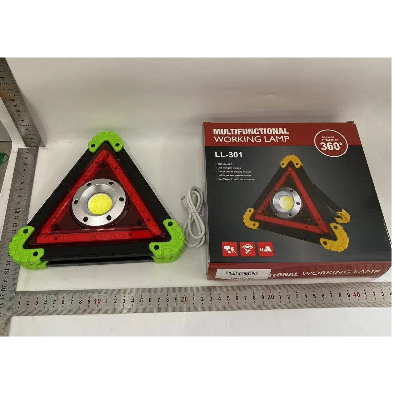 Triunghi Multifunctional de Avertizare, Klevo, Lanterna LED, Impermeabil IP65, 800 lm, 2 x AA, Functie Incarcare Telefon, USB si Micro USB, COB 33, Verde