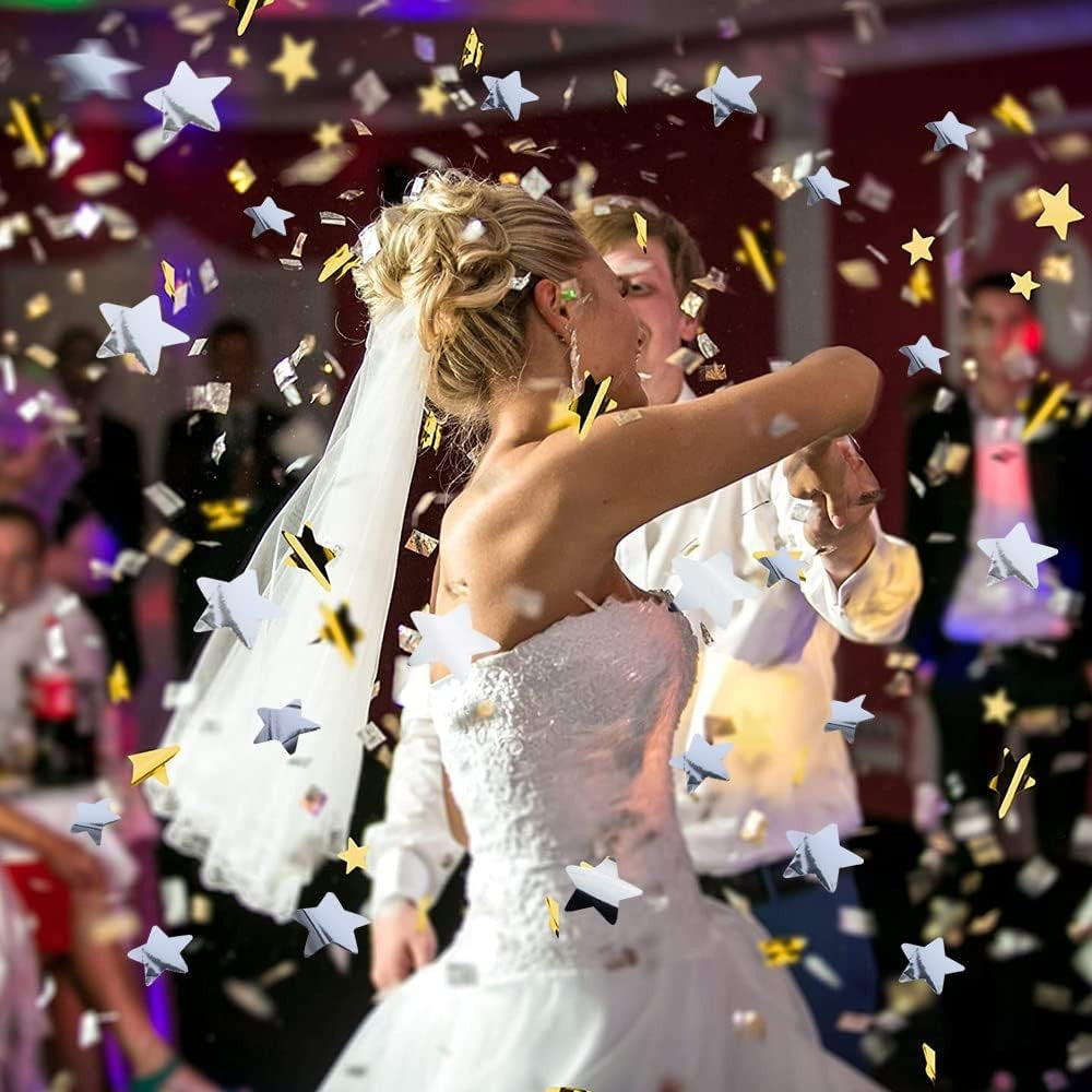 Tub de Confetti, Klevo, Bonne Annee, 60x5 cm, Confetii Stelute din Aluminiu, Auriu/Argintiu