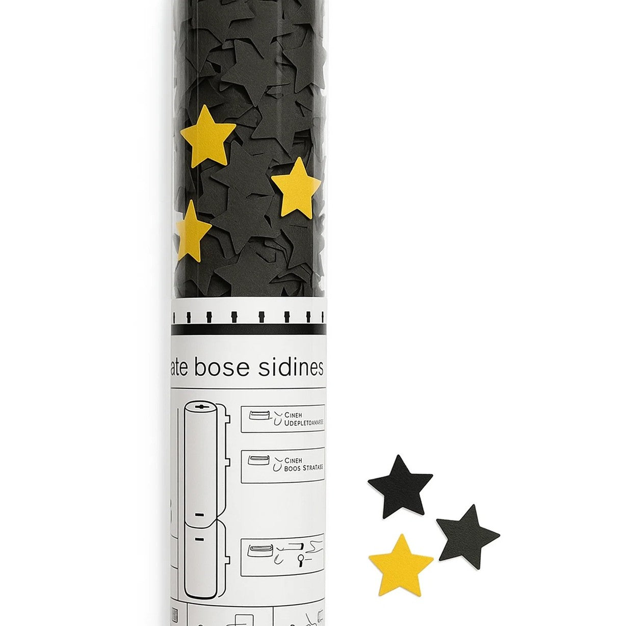 Tun de Confetti, Klevo, 40 cm, Model Stelute din Folie si Hartie, Ambalaj PET, Negru