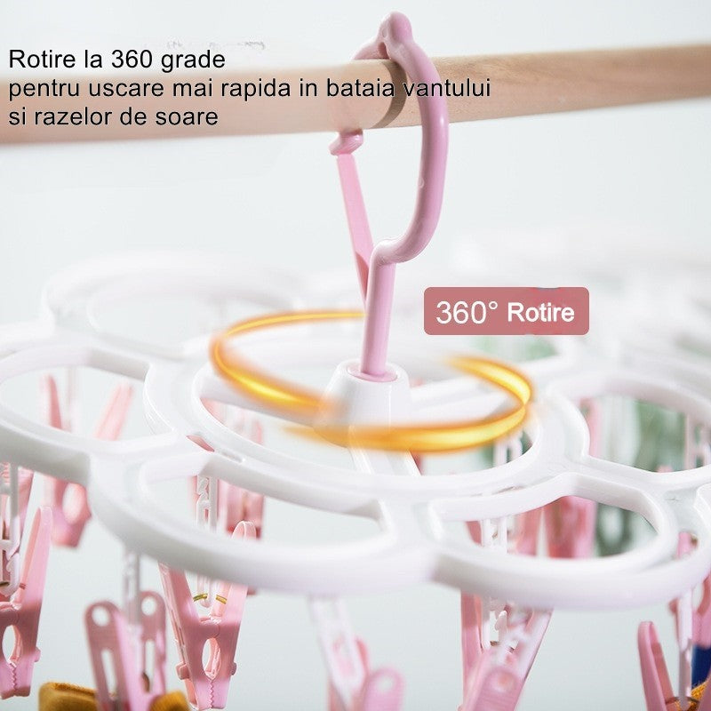Uscator de Rufe Suspendat Klevo, cu 16 Carlige, Rotire 360 Grade, Mateiral Plastic, Usor de Depozitat, Multifunctional, 26 x 21 cm, Roz