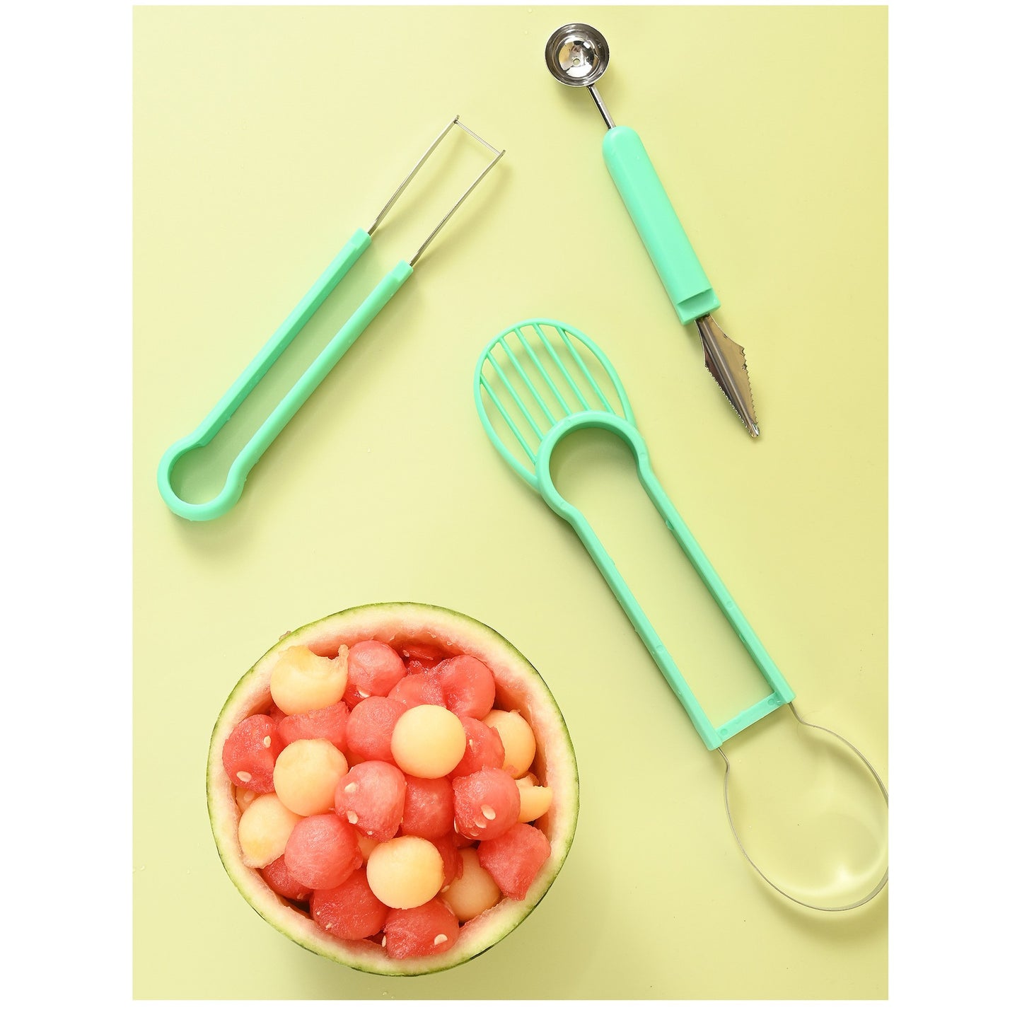 Ustensila bucatarie 4 in 1 pentru taiat si decorat fructe Klevo, material inox si plastic, compact, 28x6.2 cm, verde