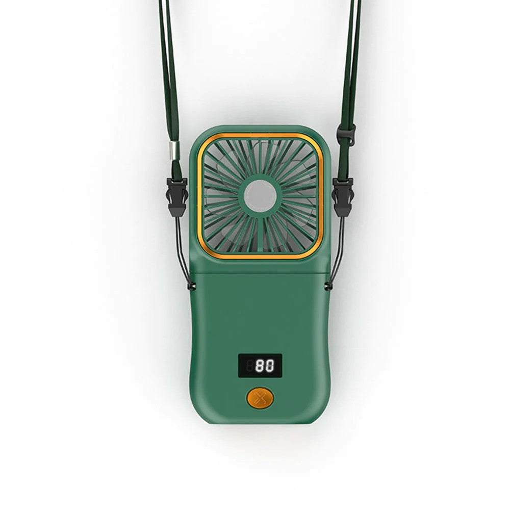 Ventilator Portabil Klevo, 3 in 1, de Mana, de Gat, de Birou, 16.7 x 8 x 1.9 cm, 3 Trepte de Viteza, Incarcare USB, Pliabil, Afisaj Digital, Suport Telefon, Verde