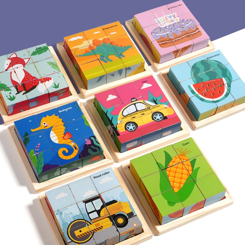 Puzzle din Lemn, Klevo, 9 Cuburi, 6 Fete, 4-6 Ani, 11 x 11 x 3.2 cm, Model Masini, Multicolor