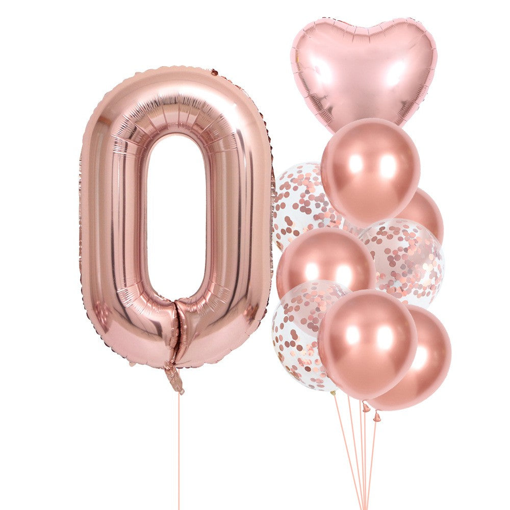 Set 10 Baloane Folie si Latex, Klevo, Tematica Aniversare, Baloane Latex 25cm, Figurina Inimioara 45 cm, Cifra 0 de 81 cm, Ambalaj Individual, Pai Inclus, Umflare cu Aer sau Heliu, Roz Pal