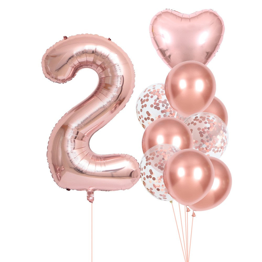 Set 10 Baloane Folie si Latex, Klevo, Tematica Aniversare, Baloane Latex 25cm, Figurina Inimioara 45 cm, Cifra 2 de 81 cm, Ambalaj Individual, Pai Inclus, Umflare cu Aer sau Heliu, Roz Pal