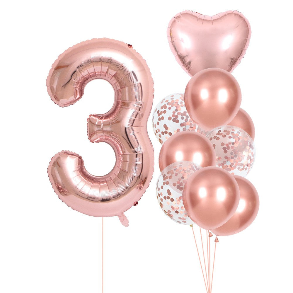 Set 10 Baloane Folie si Latex, Klevo, Tematica Aniversare, Baloane Latex 25cm, Figurina Inimioara 45 cm, Cifra 3 de 81 cm, Ambalaj Individual, Pai Inclus, Umflare cu Aer sau Heliu, Roz Pal