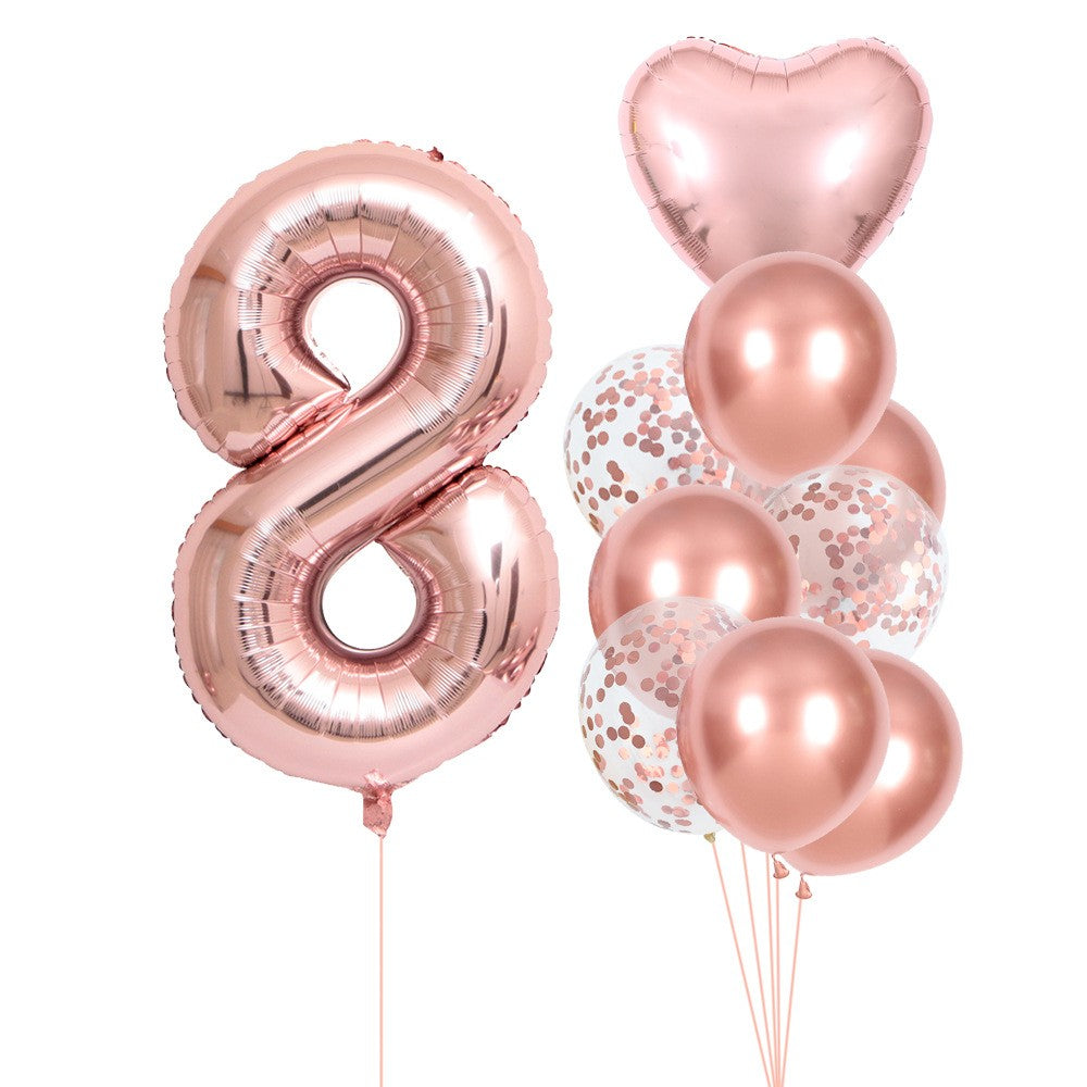 Set 10 Baloane Folie si Latex, Klevo, Tematica Aniversare, Baloane Latex 25cm, Figurina Inimioara 45 cm, Cifra 8 de 81 cm, Ambalaj Individual, Pai Inclus, Umflare cu Aer sau Heliu, Roz Pal