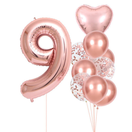 Set 10 Baloane Folie si Latex, Klevo, Tematica Aniversare, Baloane Latex 25cm, Figurina Inimioara 45 cm, Cifra 9 de 81 cm, Ambalaj Individual, Pai Inclus, Umflare cu Aer sau Heliu, Roz Pal