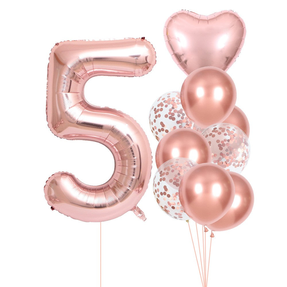 Set 10 Baloane Folie si Latex, Klevo, Tematica Aniversare, Baloane Latex 25cm, Figurina Inimioara 45 cm, Cifra 5 de 81 cm, Ambalaj Individual, Pai Inclus, Umflare cu Aer sau Heliu, Roz Pal