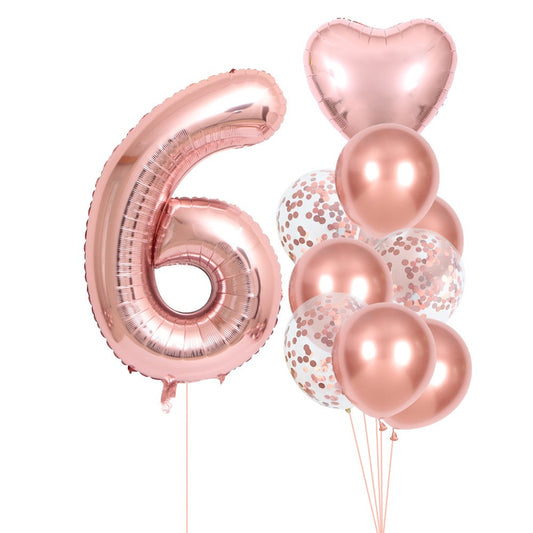 Set 10 Baloane Folie si Latex, Klevo, Tematica Aniversare, Baloane Latex 25cm, Figurina Inimioara 45 cm, Cifra 6 de 81 cm, Ambalaj Individual, Pai Inclus, Umflare cu Aer sau Heliu, Roz Pal