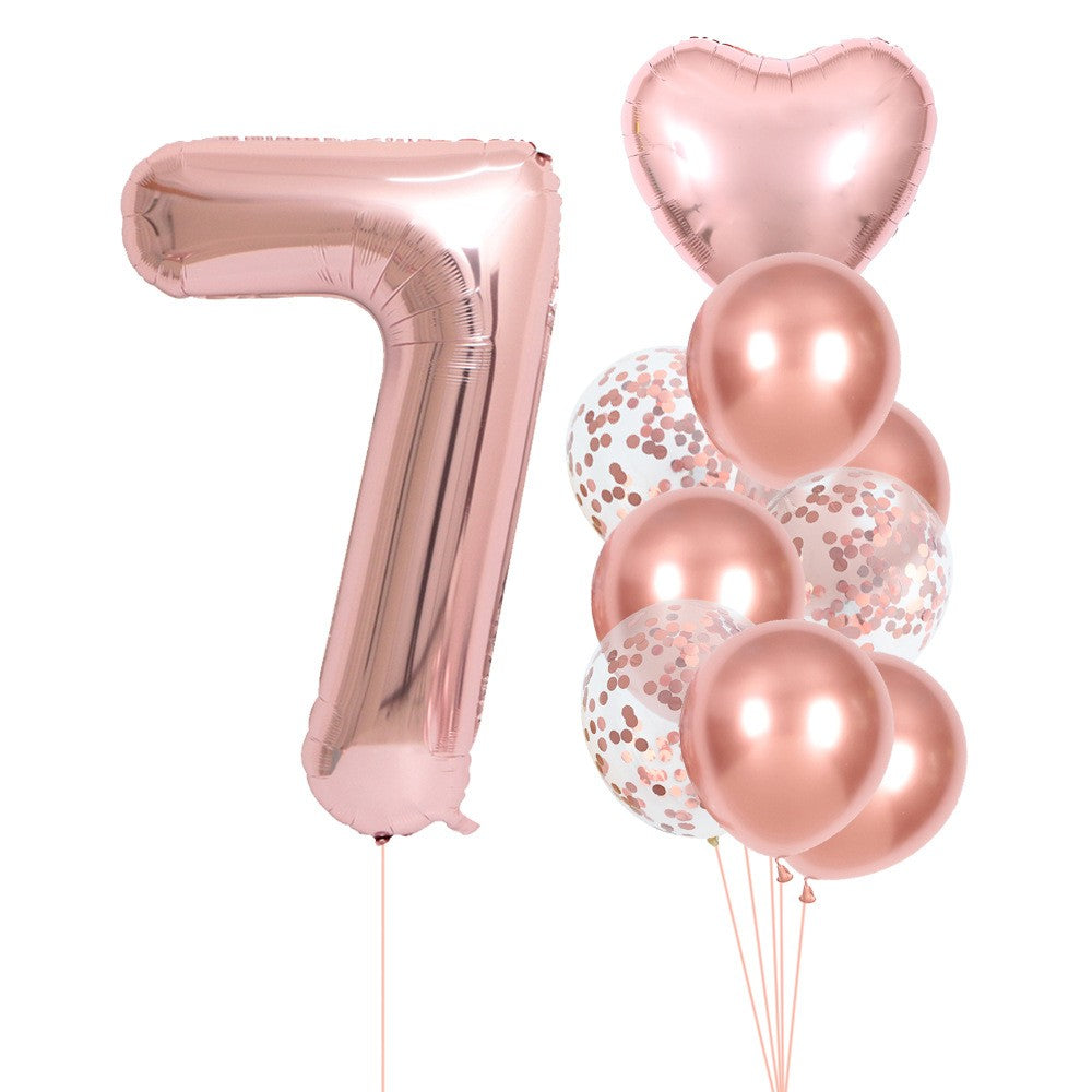Set 10 Baloane Folie si Latex, Klevo, Tematica Aniversare, Baloane Latex 25cm, Figurina Inimioara 45 cm, Cifra 7 de 81 cm, Ambalaj Individual, Pai Inclus, Umflare cu Aer sau Heliu, Roz Pal