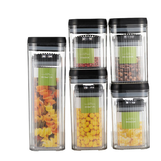 Cutii de Depozitare Alimente, Klevo, Set din 10 Cutii de tip Container, Recipiente pentru Cereale in Bucatarie,  Transparente cu Capac Negru