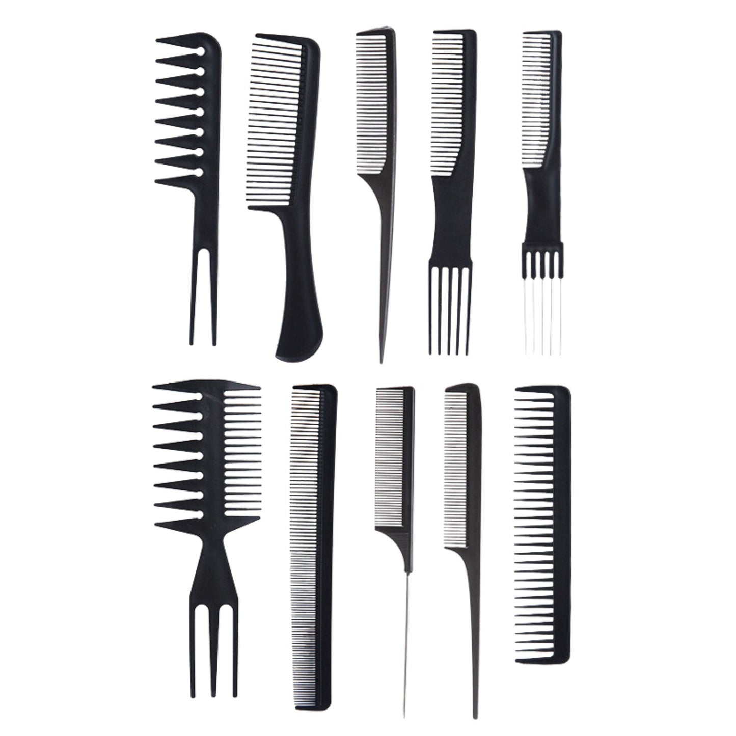 Set piepteni profesionali pentru coafat, Klevo, 10 bucati, PP + Otel inoxidabil, 18,5–22 cm, Rezistenti la caldura, Negru
