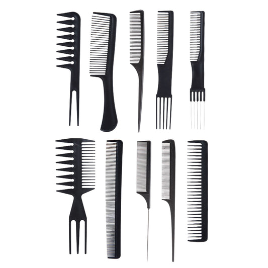 Set piepteni profesionali pentru coafat, Klevo, 10 bucati, PP + Otel inoxidabil, 18,5–22 cm, Rezistenti la caldura, Negru