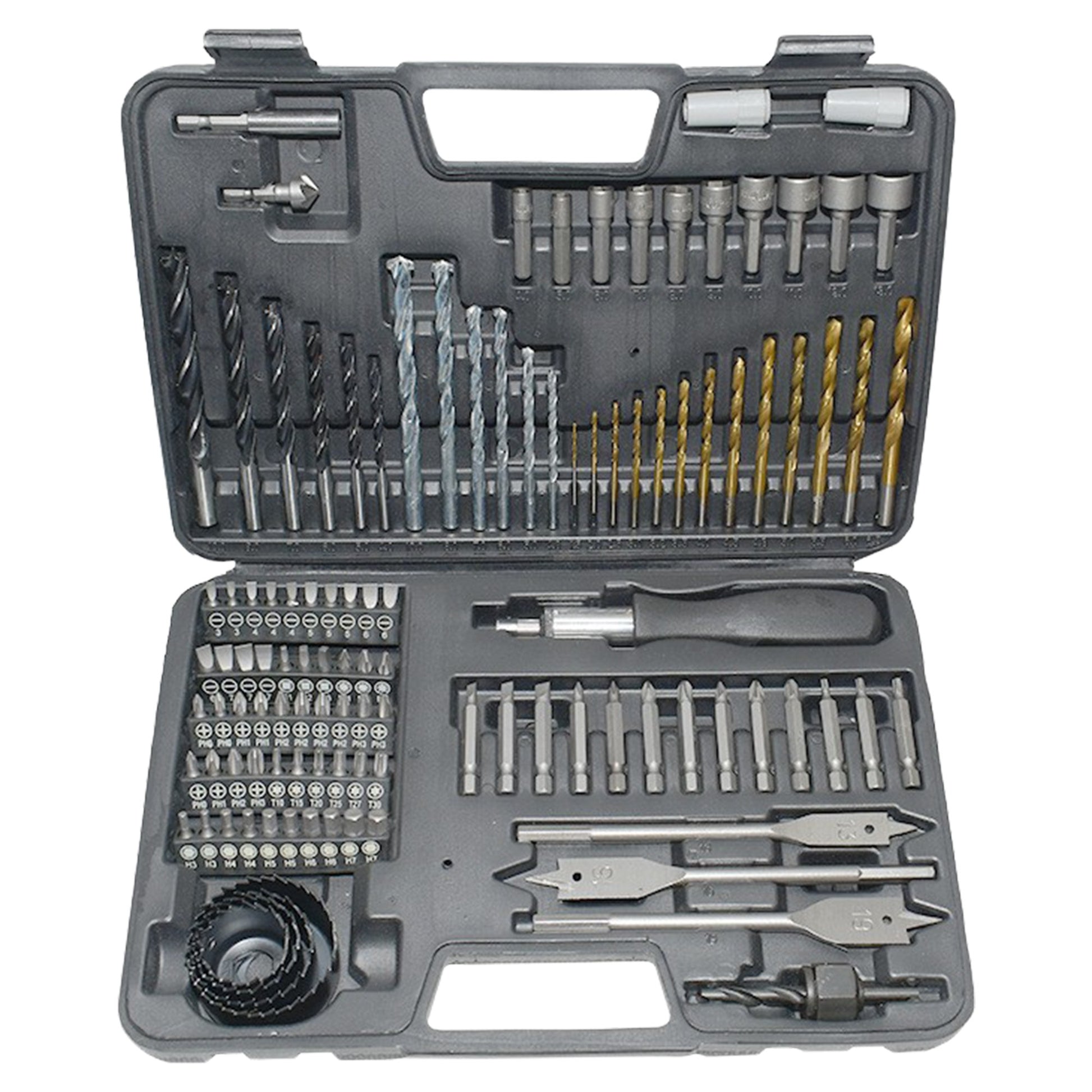 Set Scule Profesionale, Klevo, Set 111 buc, Accesorii Multifunctionale pentru Gaurire si Insurubare, Burghie Lemn, Metal, Zidarie, Cutie Transport, 30 x 20 x 6 cm, Negru