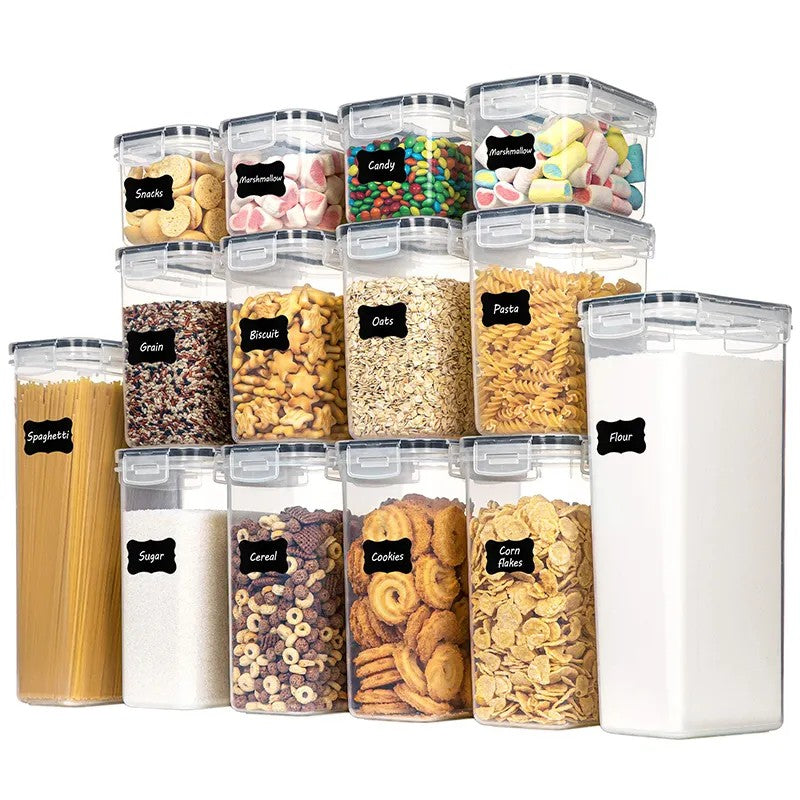 Cutii de depozitare alimente, Klevo, Set din 14 Cutii pentru Condimente, Cereale, Cutii pentru Bucatarie, din Plastic PP, Cutii Alimentare, Diferite Dimensiuni, Transparente