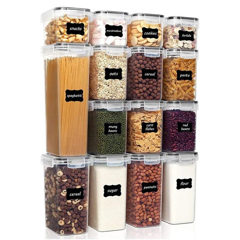 Cutii de depozitare alimente, Klevo, Set din 15 Cutii pentru Condimente, Cereale, Cutii pentru Bucatarie, din Plastic PP, Cutii Alimentare, Diferite Dimensiuni, Transparente