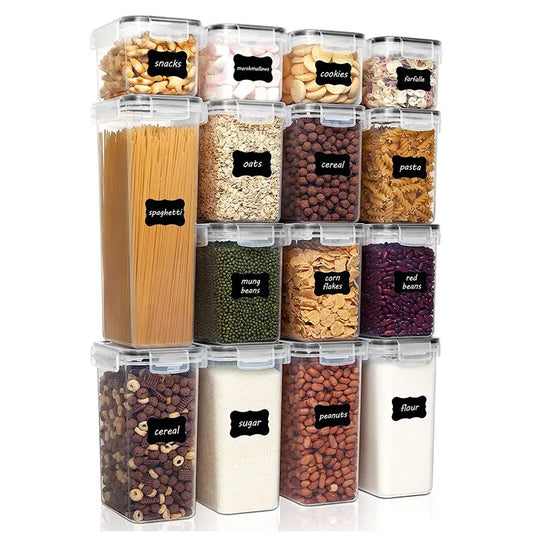 Cutii de depozitare alimente, Klevo, Set din 15 Cutii pentru Condimente, Cereale, Cutii pentru Bucatarie, din Plastic PP, Cutii Alimentare, Diferite Dimensiuni, Transparente