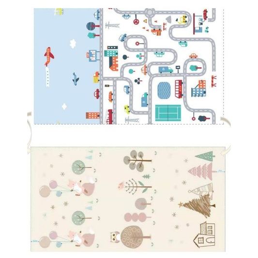 Covoras de Joaca pentru Copii Termic cu 2 Fete, Klevo, Model Vulpi si Pista de Masini, cu Spuma, Impermeabil, Antiderapant, 200cm x 180cm x 0.8cm