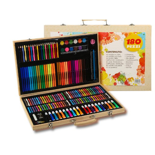 Set 180 Piese pentru Desen si Pictura, Klevo, Tip Servieta din Lemn, Model Natur, 46 x 30.9 x 4.1 cm, Multicolor