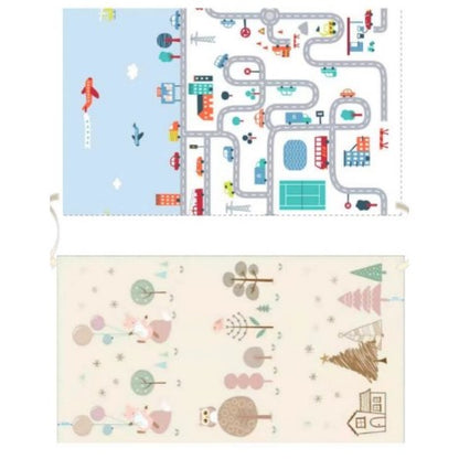 Covoras de Joaca pentru Copii Termic cu 2 Fete, Klevo, Model Vulpi si Pista de Masini, cu Spuma, Impermeabil, Antiderapant, 200cm x 160cm x 0.6cm