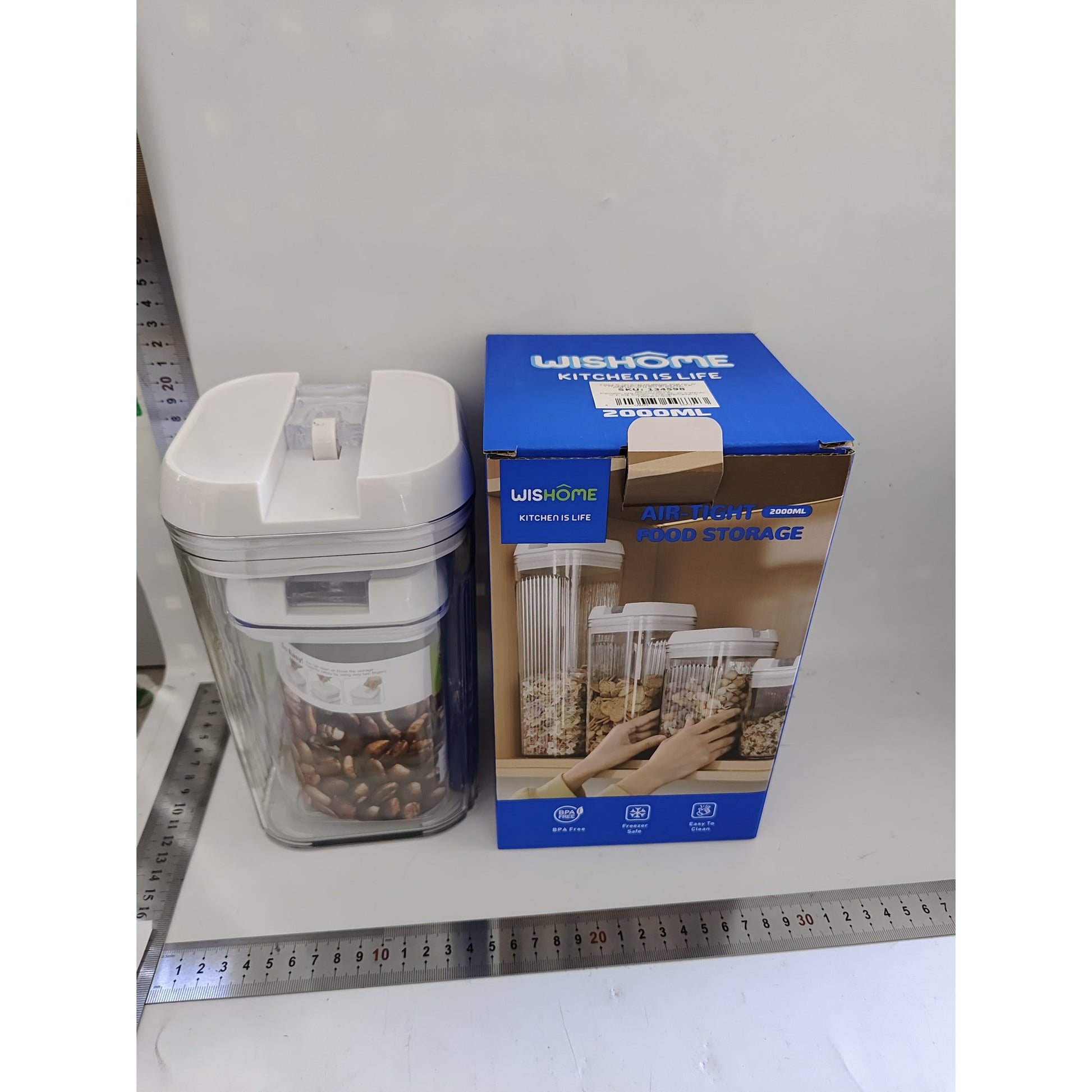 Cutii de Depozitare Alimente, Klevo, Set din 2 Cutii de tip Container, Recipiente pentru Cereale in Bucatarie, 0.8 L-10x15.5 cm, 2 L-12.5x12.5x21.5 cm, Transparente cu Capac Alb