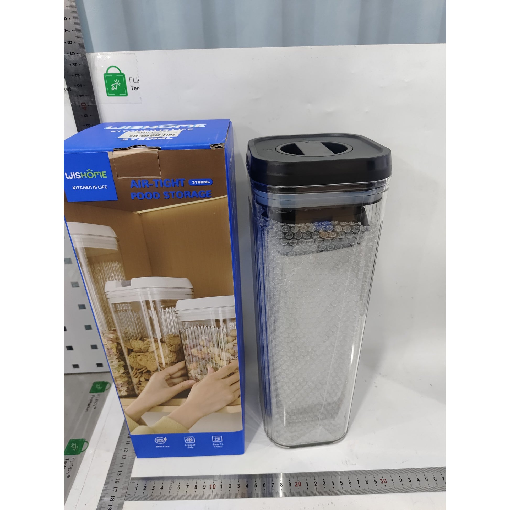 Cutii de Depozitare Alimente, Klevo, Set din 2 Cutii de Tip Container de 1.9 si 3.7 l, Recipiente pentru Cereale in Bucatarie, Transparente cu Capac Negru